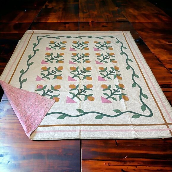 Antique Vintage Tulip Applique Quilt Reversible Date Embroidred 1931  92" x 78" - Picture 7 of 13